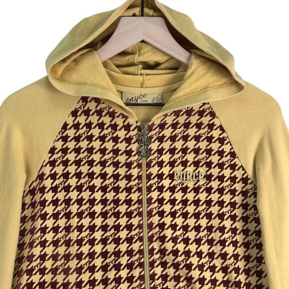 ENYCE Houndstooth Full Zip Jacket Hooded Embroidered Logo Mustard/Burgundy Sz SM - Picture 5 of 16